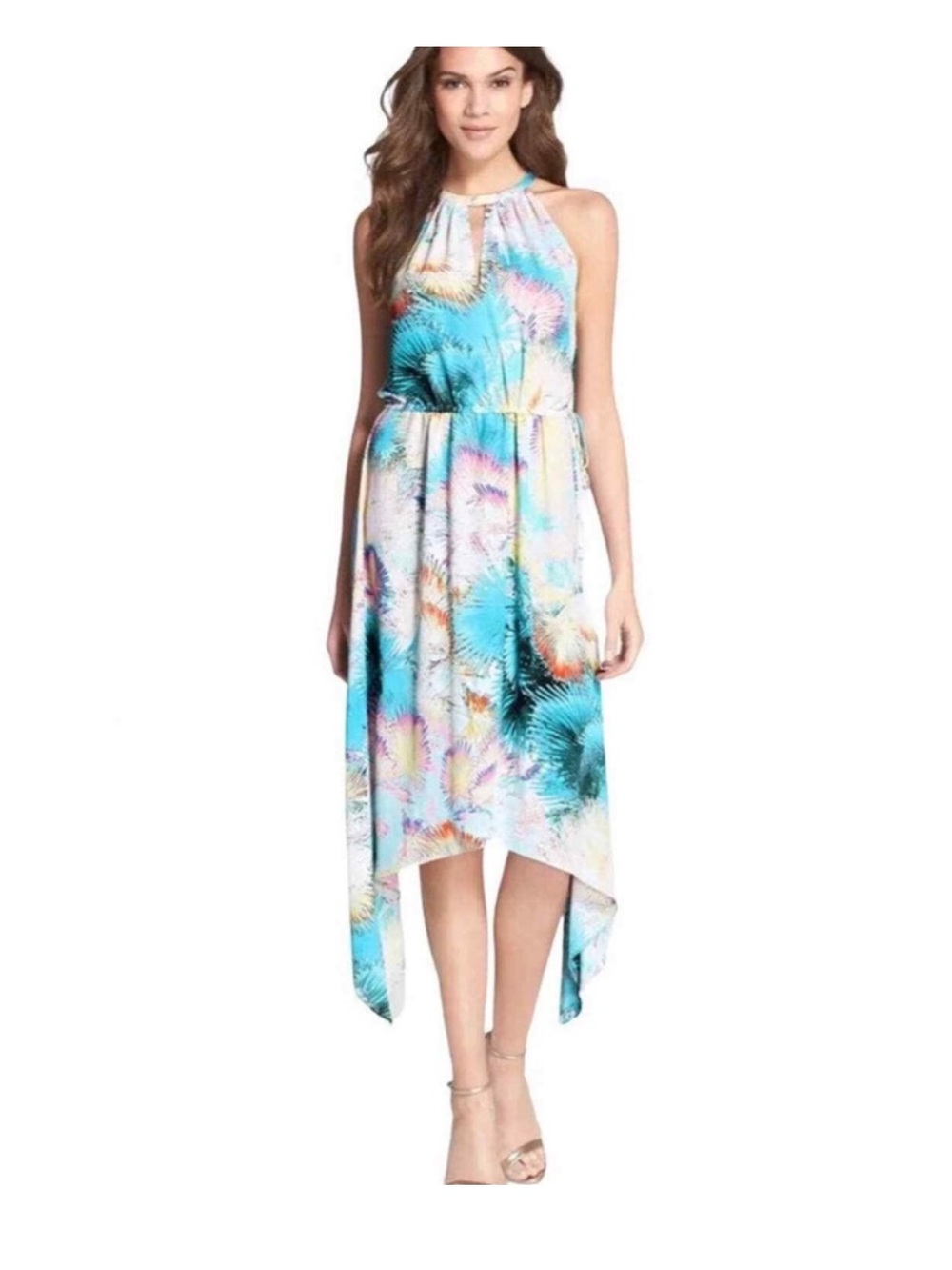 BCBGMaxAzria | Keelie Printed Halter Midi Dress Shark Bite Hem Aqua Blue XS